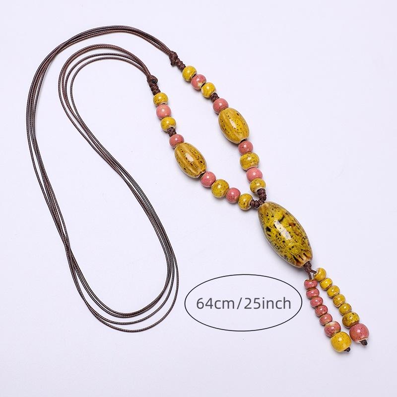 JMXD-ethnic Style Ceramic Necklace, Hand-woven Knotted Beaded Rope Chain, Non-fading Sweater Chain
