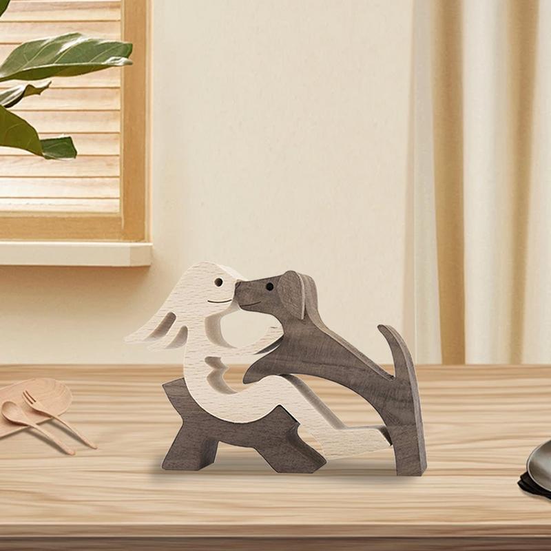 Cute Wood Dog Human Statue Craft Figurine Desktop Table Ornament Carving Model Home Room Decoration Pet Sculpture Christmas Gift