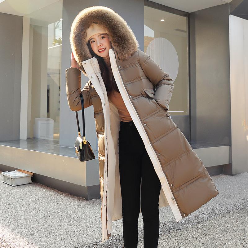 

Зимняя длинная парка из хлопка ниже колена, женская куртка с воротником из искусственного меха, утепленная куртка, толстая, свободная, большого размера XL кофейный