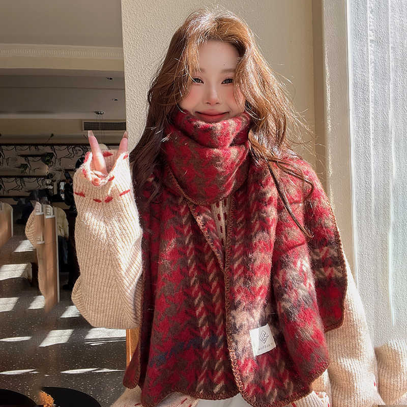 

Vintage Red Thousand Bird Grid Scarf Female Winter Student Warm Scarf