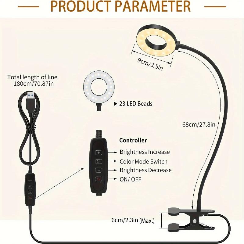 Flexible Gooseneck LED Reading Book Light with Clamp, 3 Color Temperature Circular Night Lamp for Bedside Travel Office