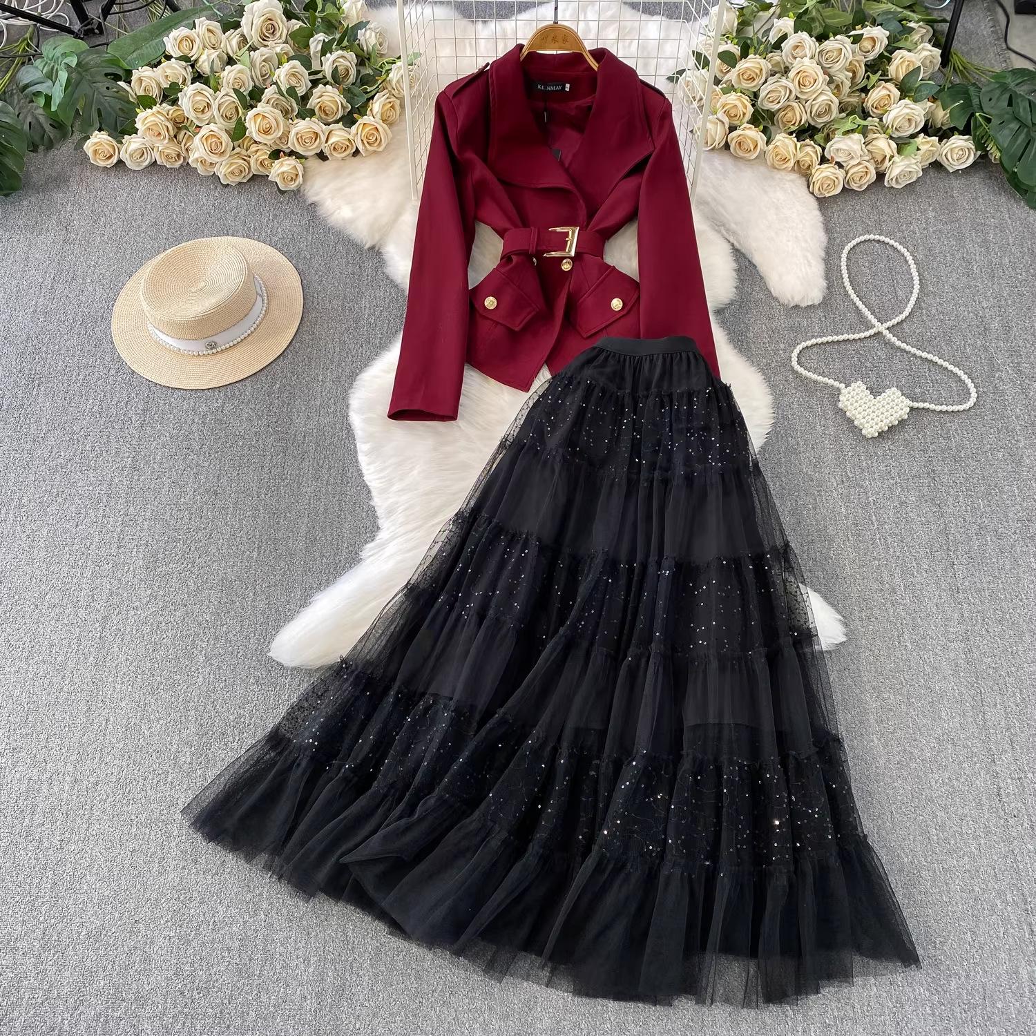 

French Chic Metal Buckle Suit Collar Jacket & Mesh Skirt Two-piece Set M вино красного