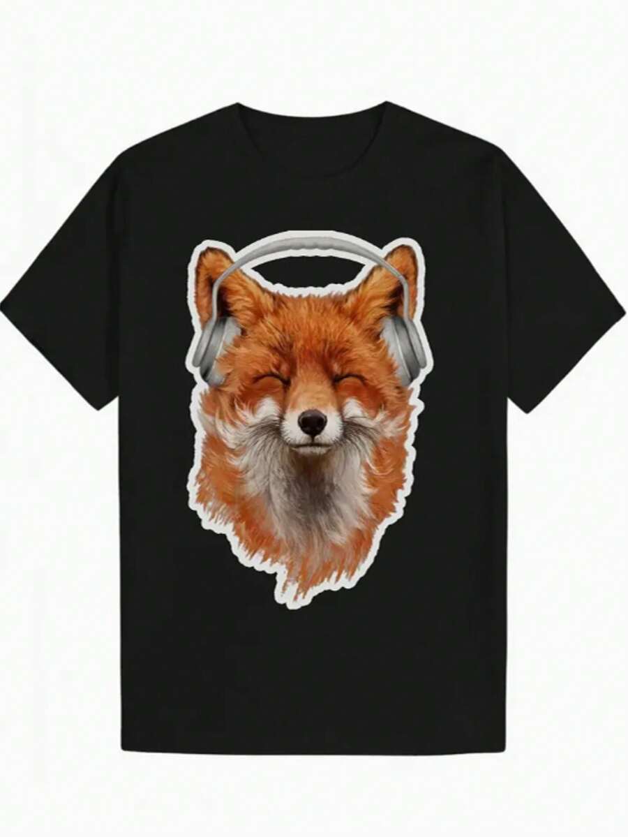 

100% Cotton Men s Breathable Short-Sleeved T-Shirt, Music Lover Smiling Fox With Headphones And Music 5XL різнокольоровий