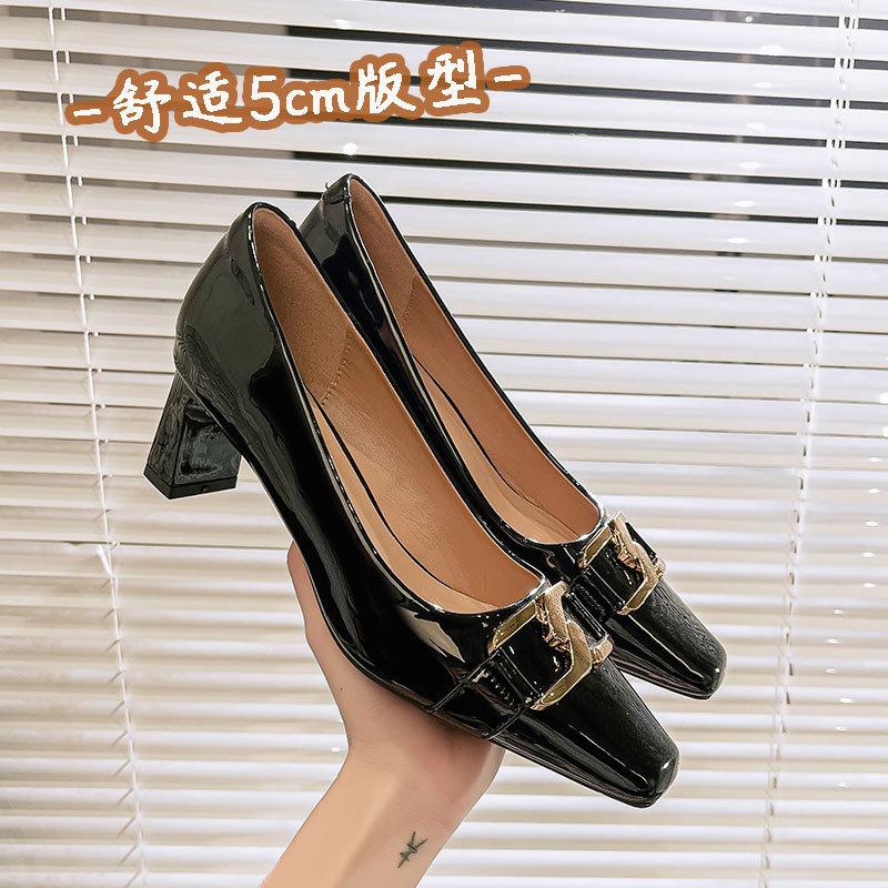 High heels women's thick heels are not tired of feet 2025 new spring and autumn women's shoes patent leather French square head shallow mouth single