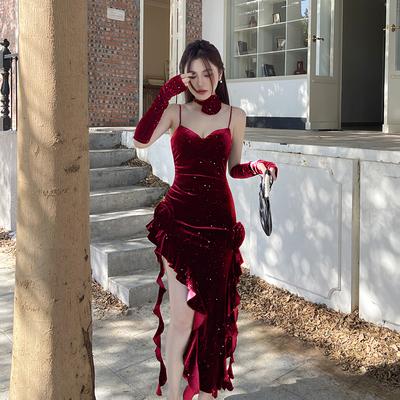 Elegante jurken voor dames Lente Nieuwe effen fluwelen halterjurk met mouwen Sets