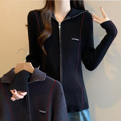 Black Knitted Cardigan for Women In Autumn and Winter Latest Korean Style Design Double Zipper Head Lapel Top