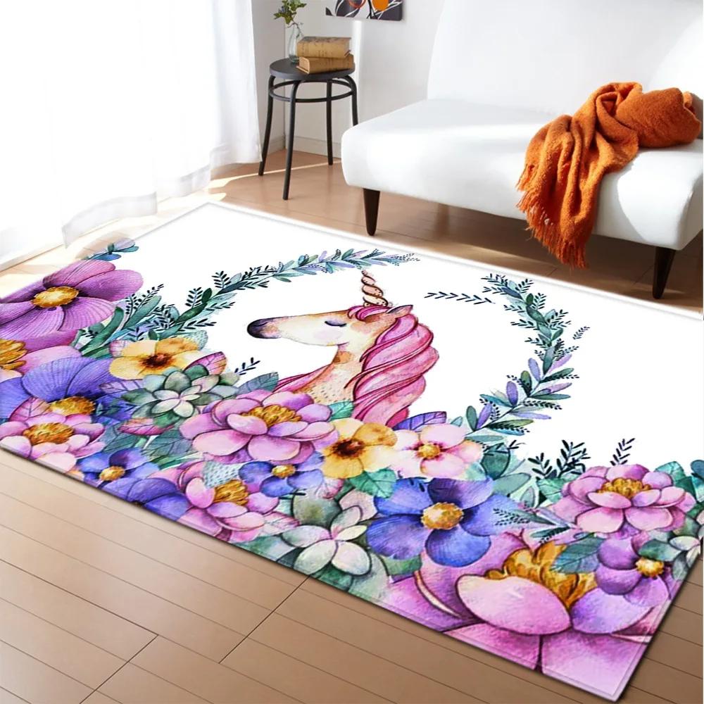 Kids Cartoon Unicorn Carpet Fantasy Animal Crawling Mat Doormat Living Room Area Rug Rainbow Shiny Girls Bedroom Soft Floor Mats