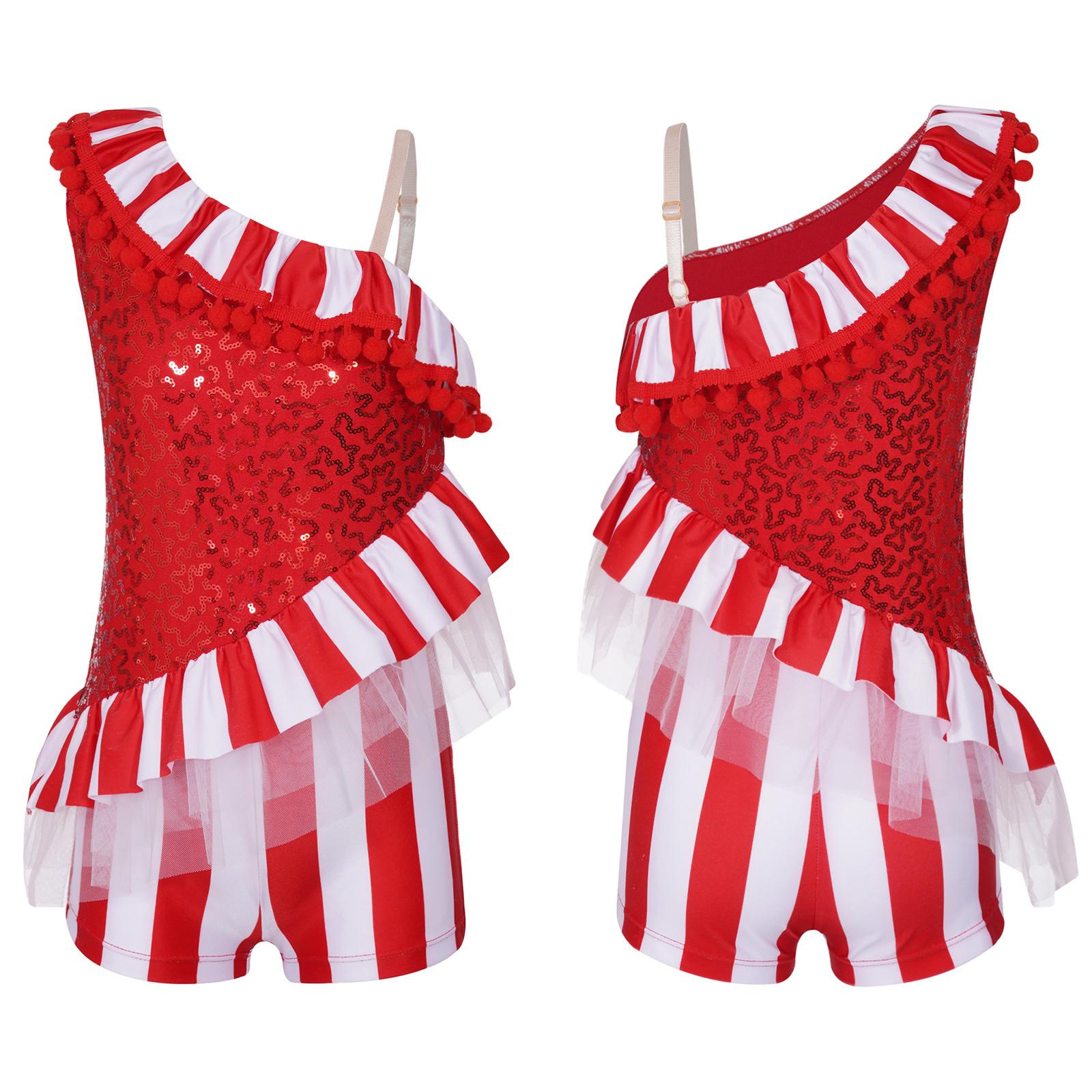 

Рождественский танцевальный костюм для девочек на одно плечо, полосатый балетный комбинезон в полоску, танцевальная одежда для рождественских фестивалей и вечеринок 5-6 Years красный