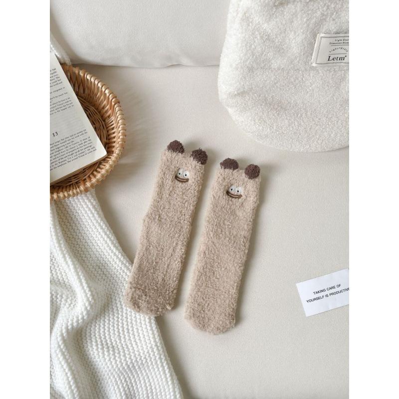 Autumn and winter new cartoon little monster embroidery three-dimensional small ears coral fleece sleeping socks thermal floor socks medium tube socks