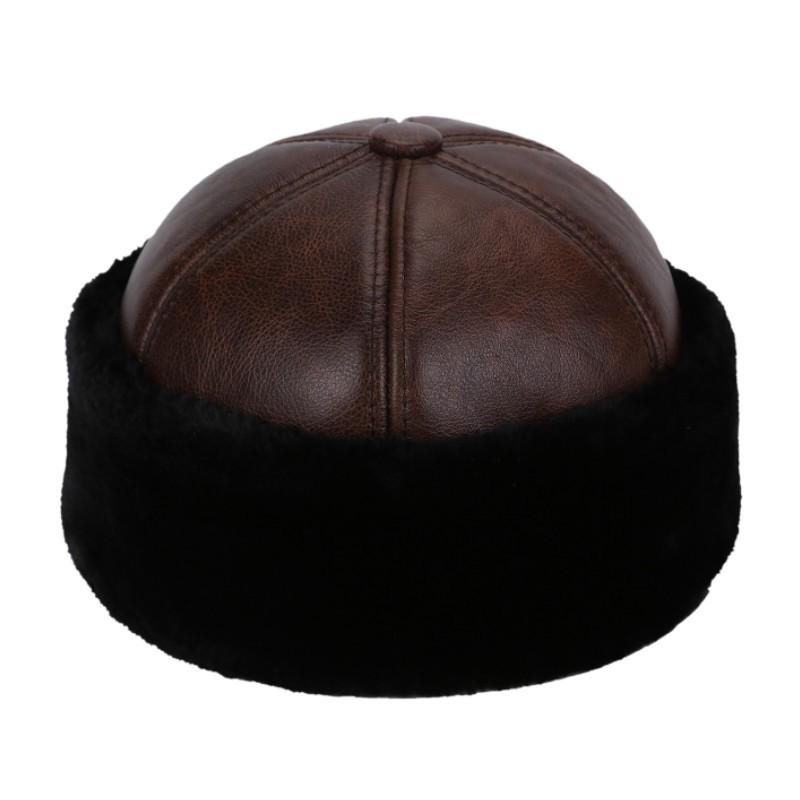 Gorro de Invierno de Cuero de Vaca Genuino Haining para Personas Mayores - Engrosado, con Felpa Cálida Gorro de Punto para Abuelo y Abuela