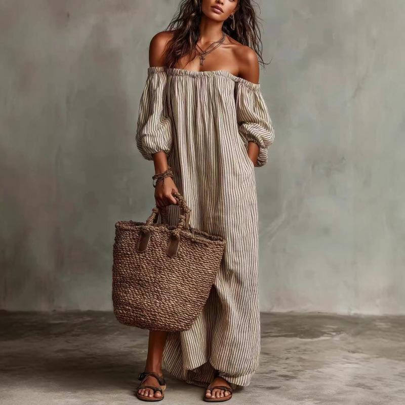 New Bohemian Off-the-shoulder Lantern Sleeves Loose Large Size Cotton and Linen One-word Shoulder Striped Dress