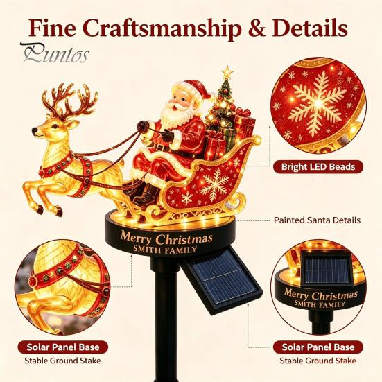 Decorative Lawn Stake for Christmas Santa And Reindeer Sleigh Solar Garden Light, Warm LED Pathway Claus Decorations Lamp, Powered Outdoor Waterproof