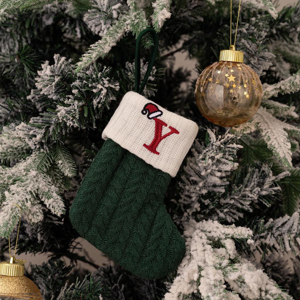 Haobei Green Knitted Christmas Stocking with Embroidered Lettering – Woolen Gift Bag Décor