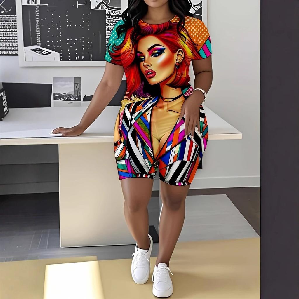 Abstract code European and American women's clothing butterfly printing T-shirt shorts set sports suit