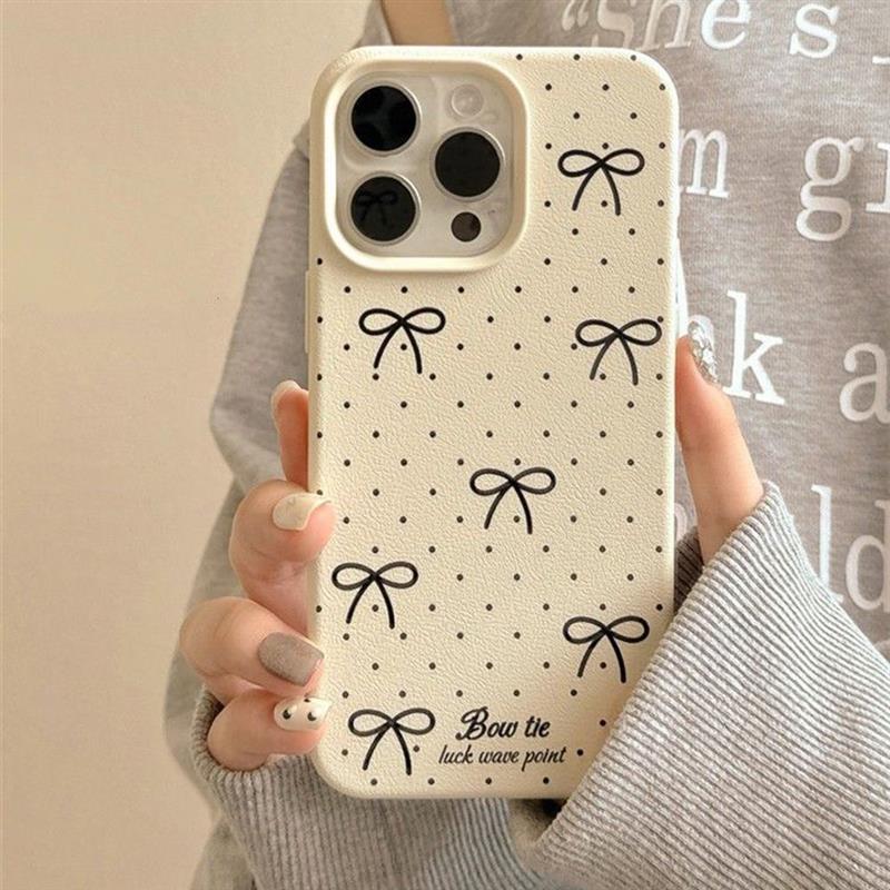 Sweet Bow for IPhone16promax for Apple 15 Leather Texture Large Hole Phone Case 14/13 Anti-fall 12