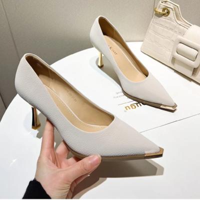 Fashion 2024 Fashionable French Style Women's High Heels New Spring 2024 Metal Pointed Shallow Heel Single Shoe Professional Gown Shoe