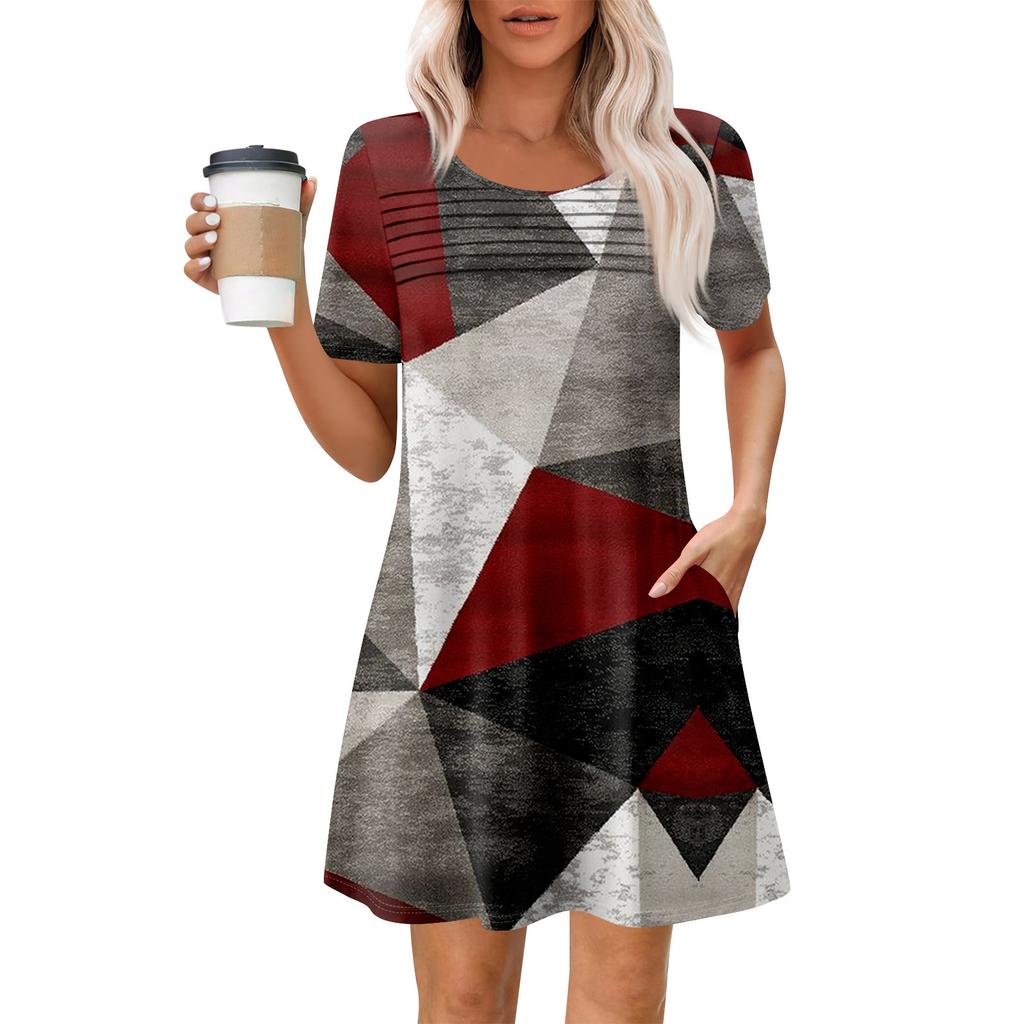 Damen Sommer Casual Rundhals Plissee Mit Taschen Bedruckte Kurzarmkleider