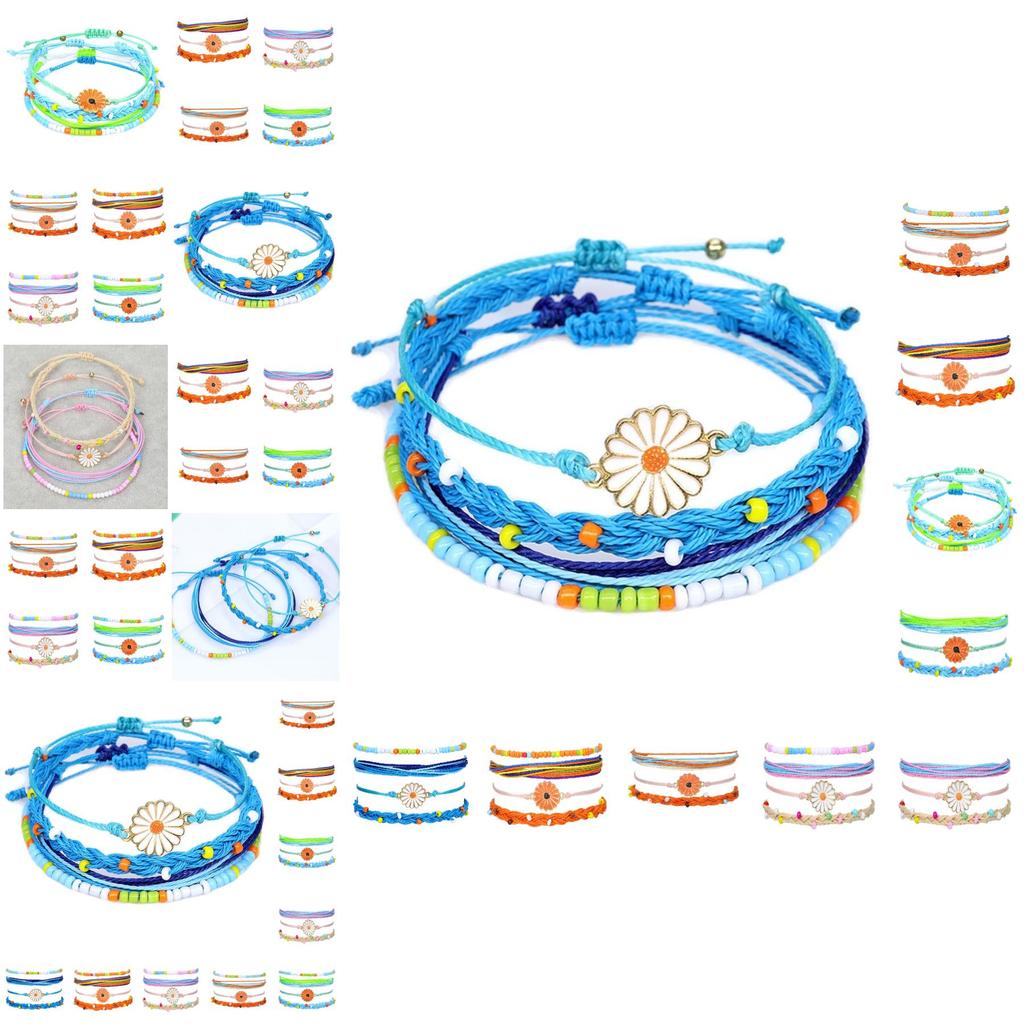 New Bohemian Style Waterproof Wax Thread Handwoven Bracelet Set With Alloy Daisy Beads