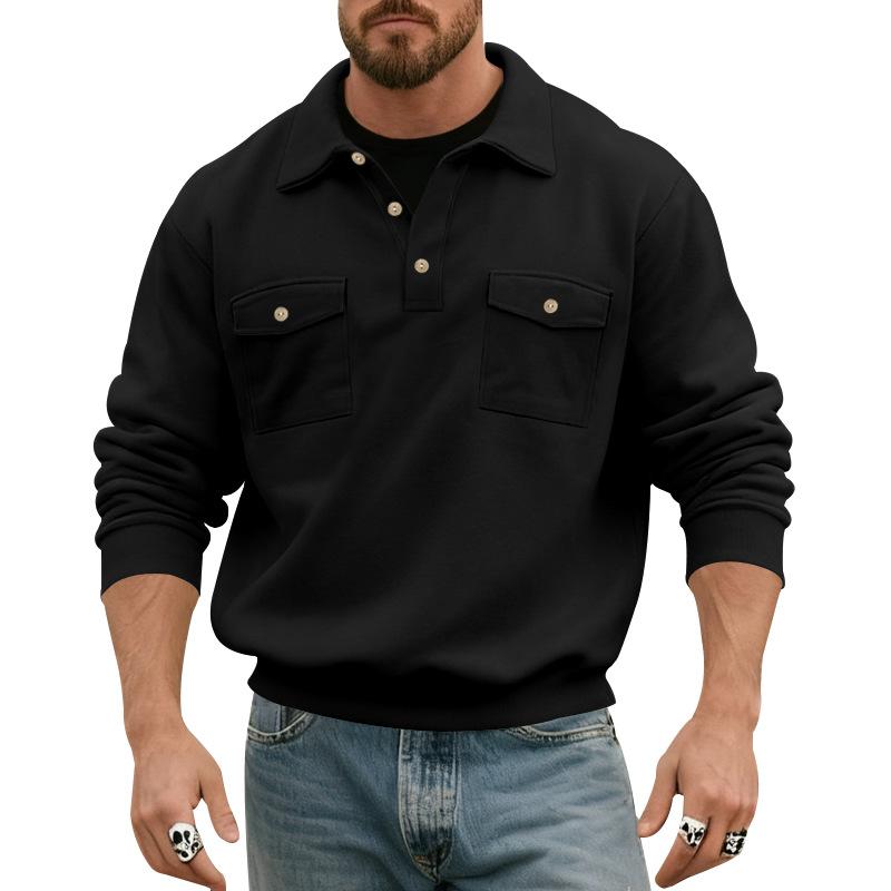 Mens Long Sleeve Polo Collar Casual Workwear Sweatshirt With Pockets