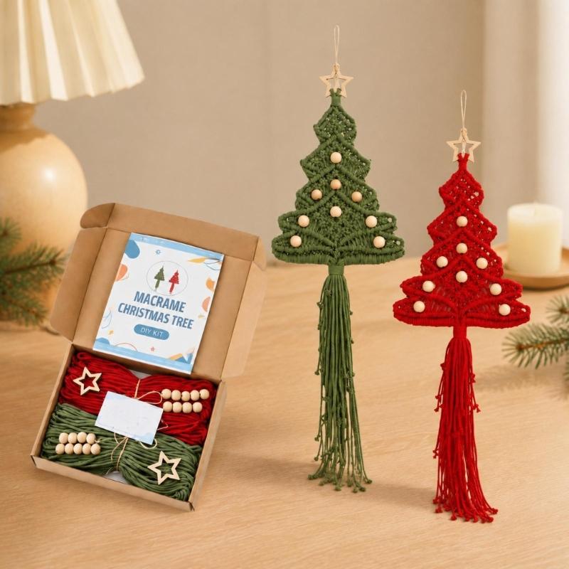 Holiday Tree Fiber Craft Set for 2 Hanging Projects with Soft Cotton Cord, Wooden Star Toppers, Beads and Dowels