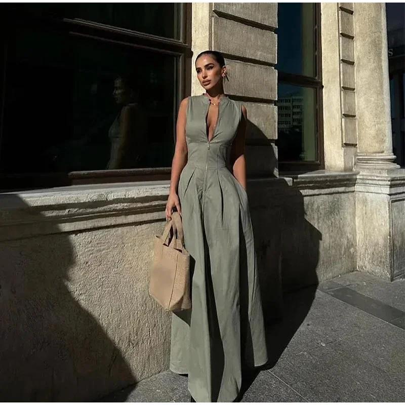 Sleeveless SpliAed Zipper Maxi Dress Women Elegant High Waist Slim Pleated Long Dresses OffiAe Lady Street Robes Female