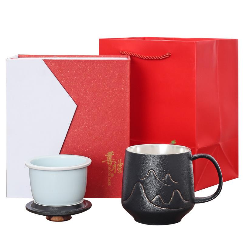 Handmade gilt silver creative ceramic mug gift box set 999Silver-plated office cup with lid, tea-water separation brewing cup