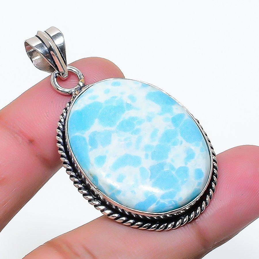 Natural Larimar Gemstone Handmade 925 Sterling Silver Jewelry Pendant 1.89" AP-15700