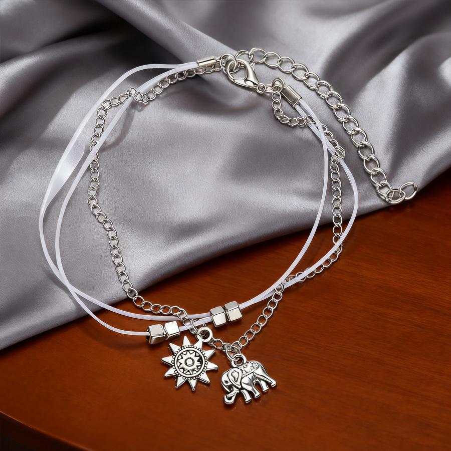 High-quality hypoallergenic bohemian style vintage silver-tone elephant and sun multi-layer anklet for summer beach wear pcs Trendy fashion