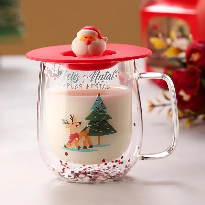 

250 мл Рождественская двухслойная стеклянная термостойкая термостойкая многоразовая кофейная кружка в виде Санта-Клауса и снеговика с силиконовой крышкой 250ml