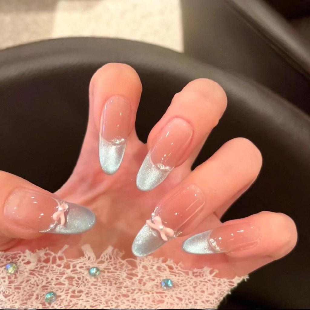 Handmade Medium-Long Ice Crystal Butterfly Cat Eye Nails for Brides or Pregnant Women