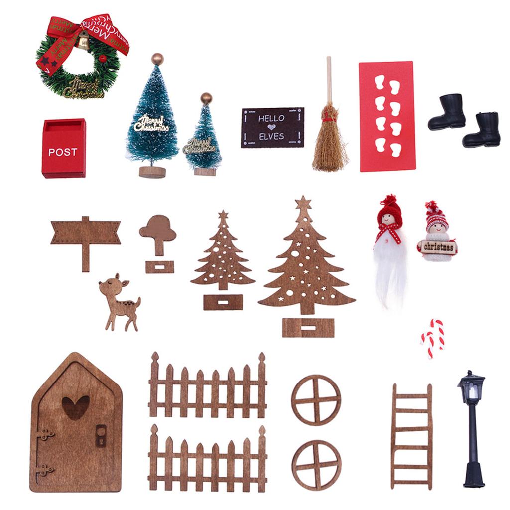 1 Set 1:12 Dollhouse Miniature Christmas Decor Fairy Door Elf Fence Tree Model DollHouse Accessories Kids Role Play Toy