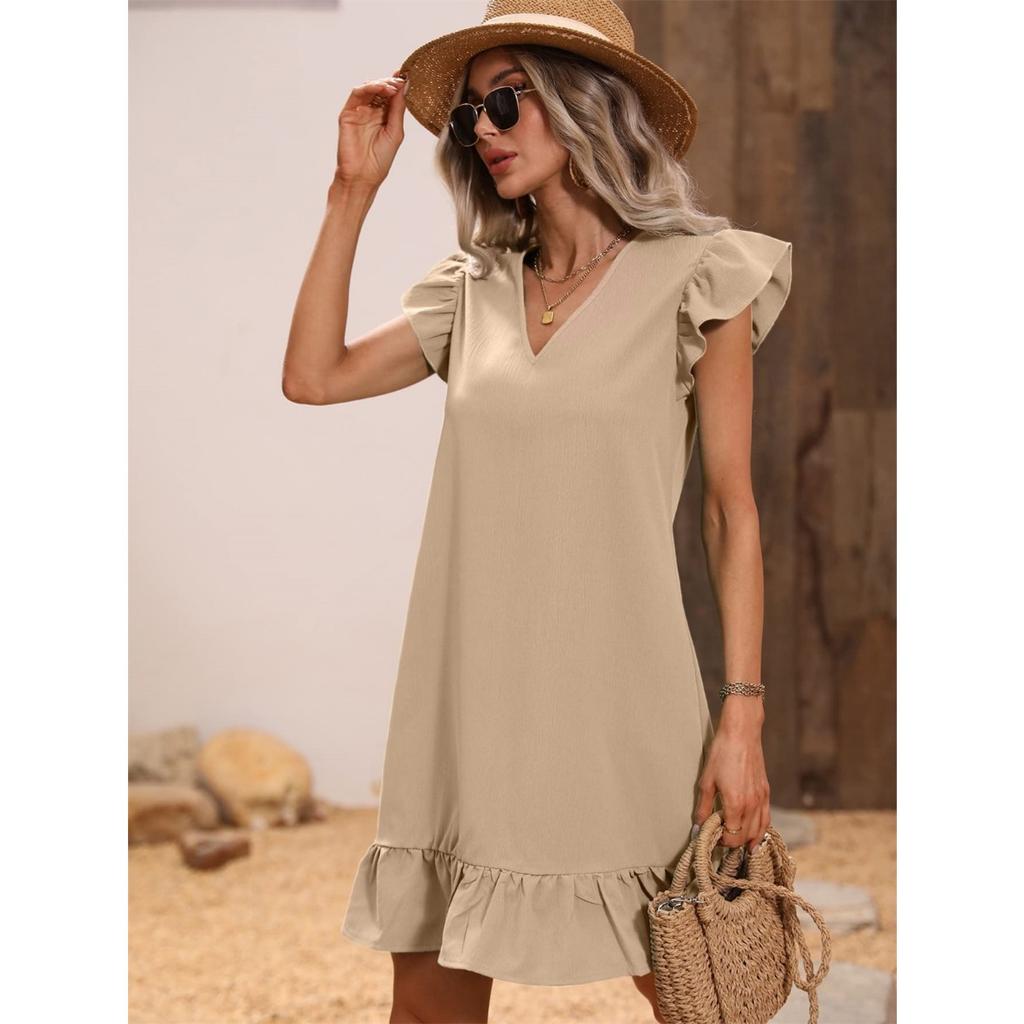 Women's V Neck Ruffle Sleeve Loose Fit Solid Color Casual A Line Summer Dress