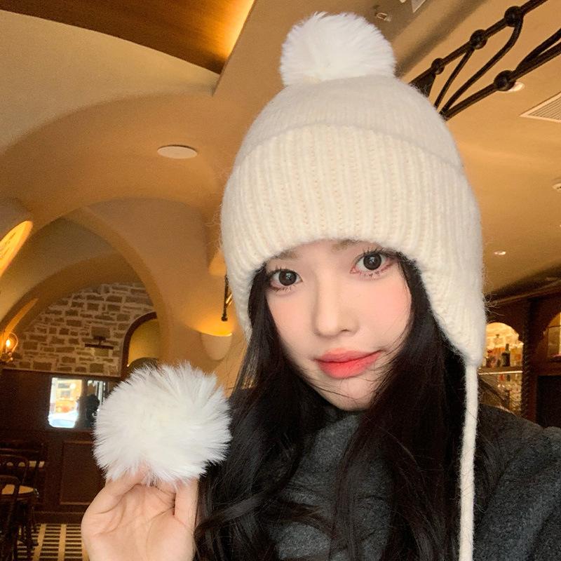 White Knitted Wool Hat, Children's Season Hairball, Warm Face, Small Ear Protectors, Headgear, Winter Big Head Circumference