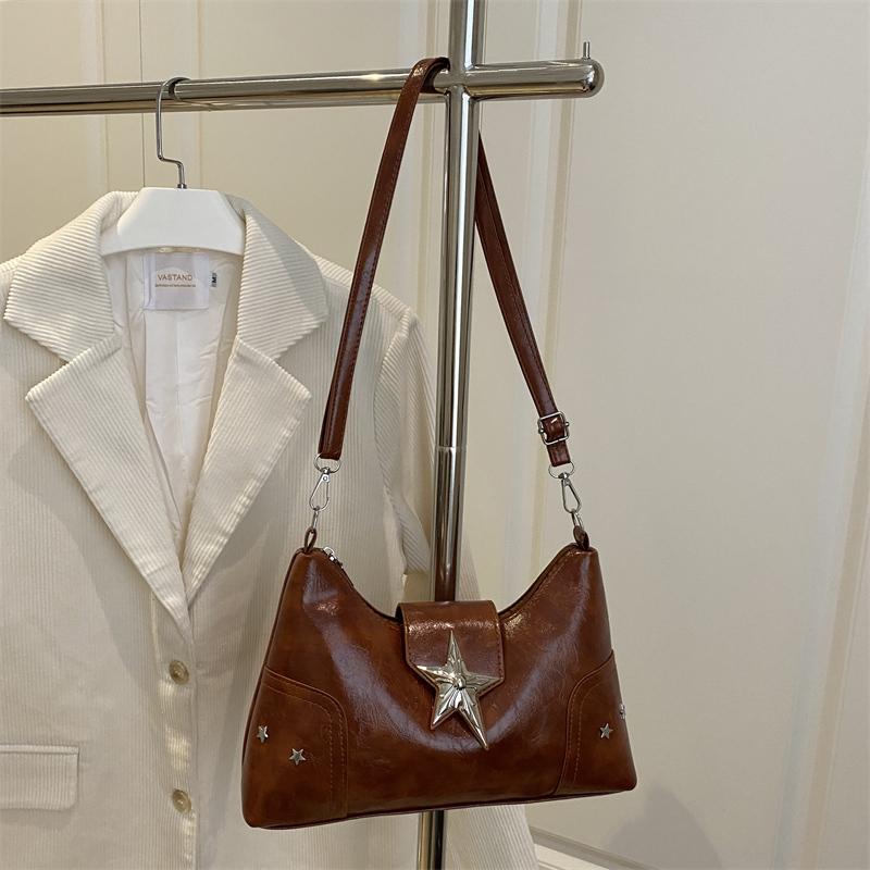 Y2K Vintage Shoulder Bag Soft PU Solid Color Messenger Bag Metal Star Lightweight Crossbody Bag for Commute Work