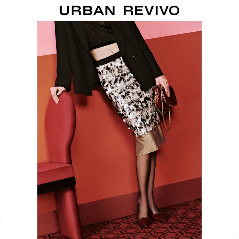 UR 2025 Spring Sequin Patchwork Midi Skirt M