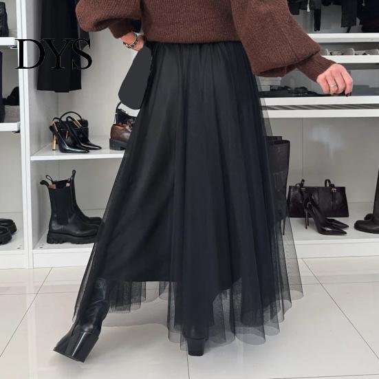 Polyester Mesh Skirt Women's Tulle Skirts High Waist Midi Black Flowy Flattering Design Party Dress Long Tutu for Wedding Cocktail Prom Trendy Women