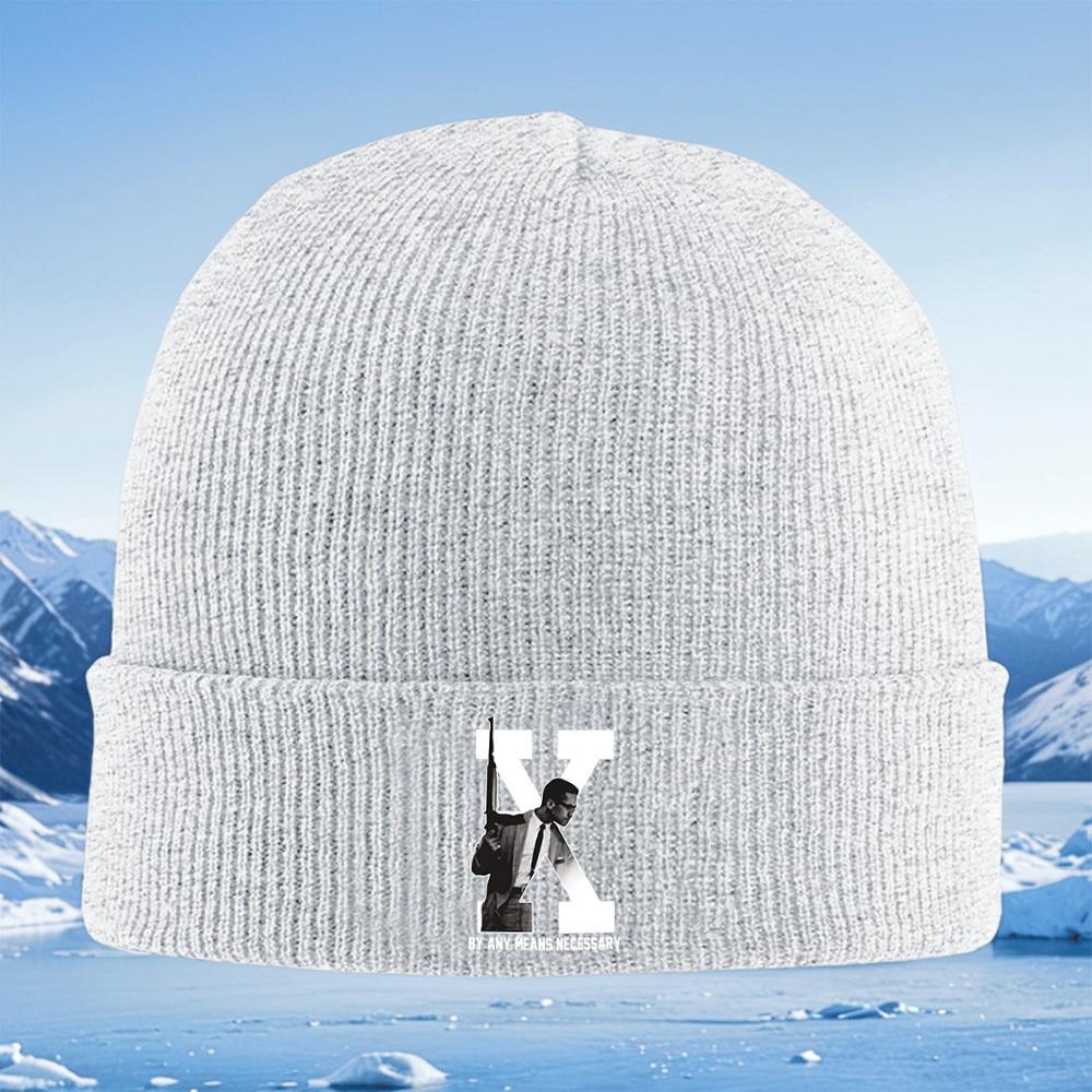 Figure holding gun white letter black background Men Women Unisex Knitted Hat Beanie Pullover Cap Winter Thermal Warm Christmas