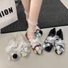 2025 South Korea's Popular Jelly Shoes Hollow Crystal Single Shoes Square Head Niche Transparent and Comfortable Flat-bottomed Fairy Hole Shoes