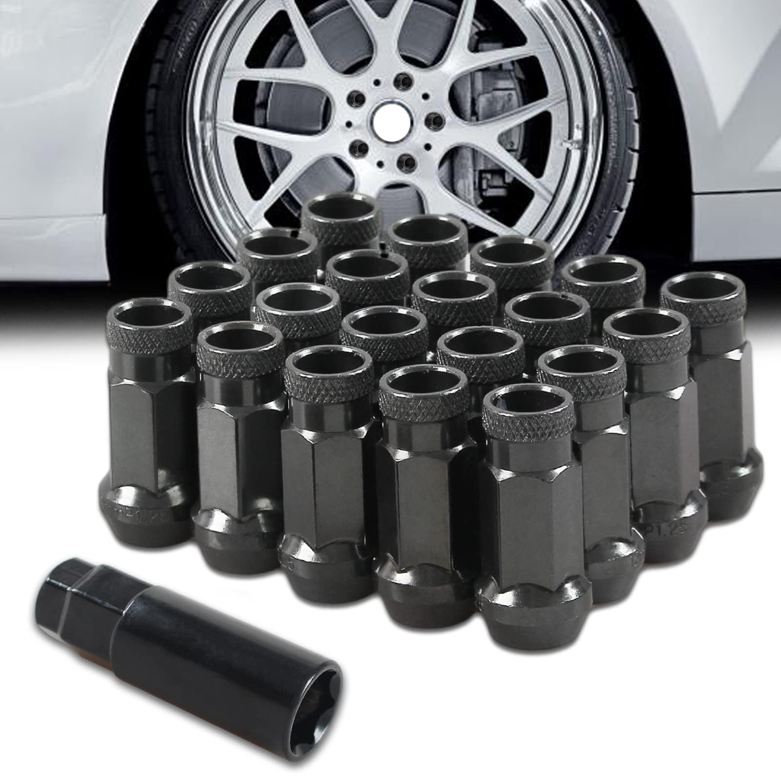 VEHSUN Steel Wheel Nuts, Tire Nuts, Racing Nuts, Long Wheel Lock Nuts, 17Hex M12 x P1.25, 48mm Height, 20-Piece Set, Colored Nuts, Through Nuts, Lock