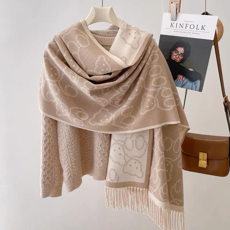 Women's Cute Bear Printed Faux Cashmere Scarf with Tassel Korean Style Versatile Warm Shawl for Winter