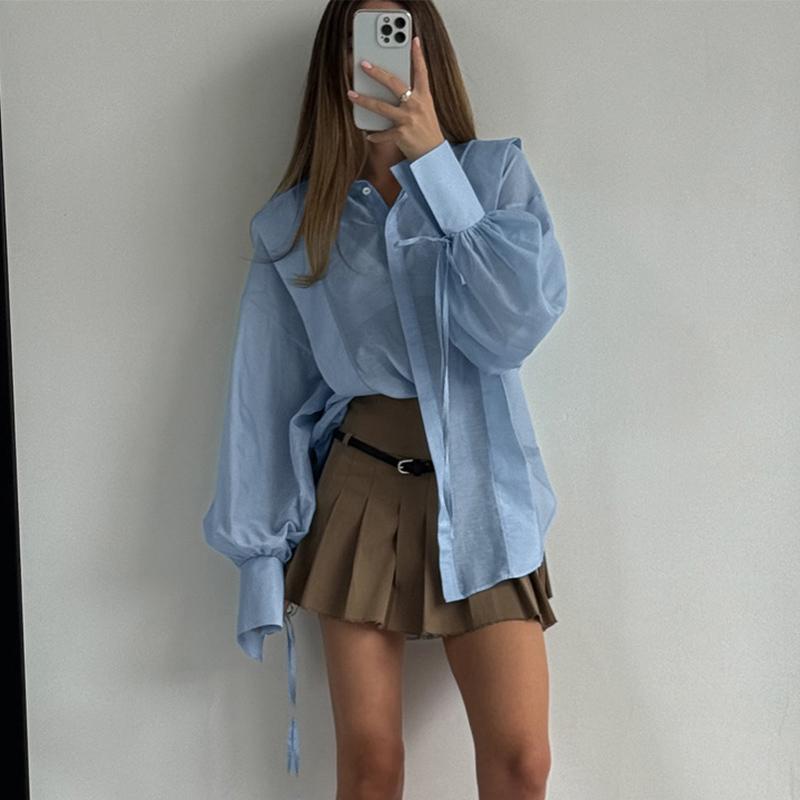 Solid See Through Women Shirt Commut Wear Lapel Long Sleeve Single Button Lace Up Female Blouse 2025 Spring Summer Elegant Office Lady Top
