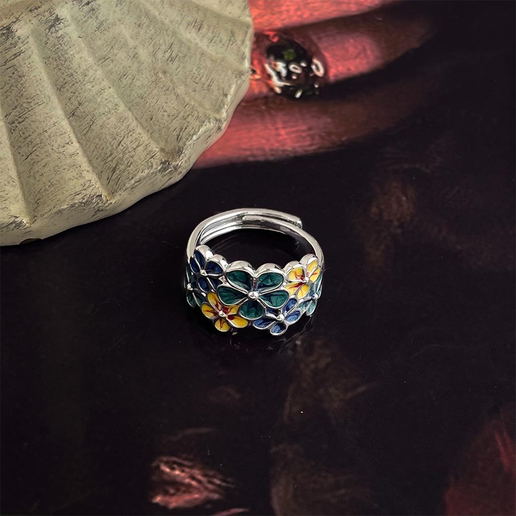 Retro Blue Enamel Drip Glaze Floral Adjustable Ring for Women
