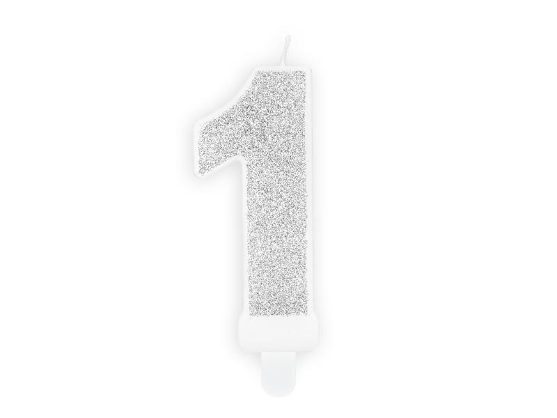 Number 1 birthday candle, silver, 7cm