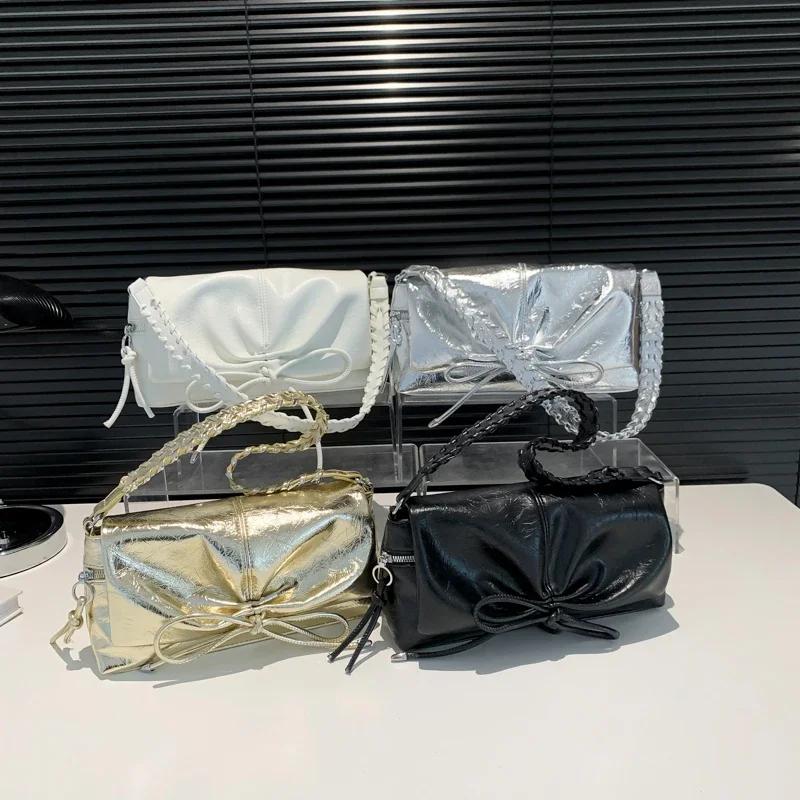 PU Umhängetaschen für Damen Reißverschluss Schleife Steppnähte Ketten Vielseitige Einfarbige Handtaschen Mode