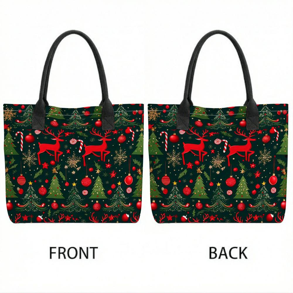 Christmas Elk Print Canvas Tote Bag Portable Casual Shopping Handbag for Holiday