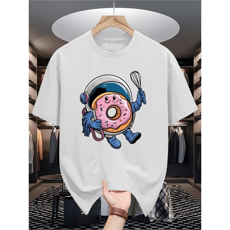 

European sizes Men s Space Donut Astronaut T-Shirt - Cotton Crew Neck Short Sleeve Tee with Fun Cartoon Design S белый