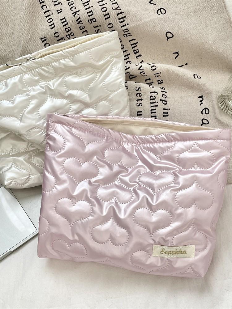 Gesteppte Herz-Handtasche im koreanischen Stil: Multifunktionales Make-up-, Hautpflege- & Münzportemonnaie