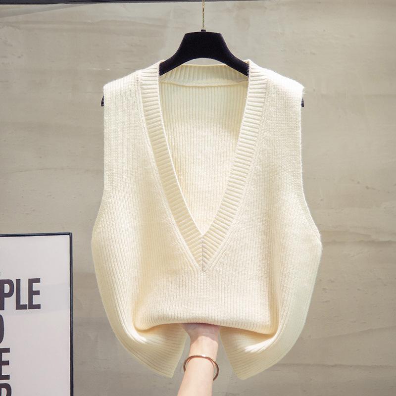 Deep V-neck Knitted Vest Vest Women's Spring and Autumn Loose Waistcoat Outer Wear Clothes Outer Wear Sweater Waistcoat