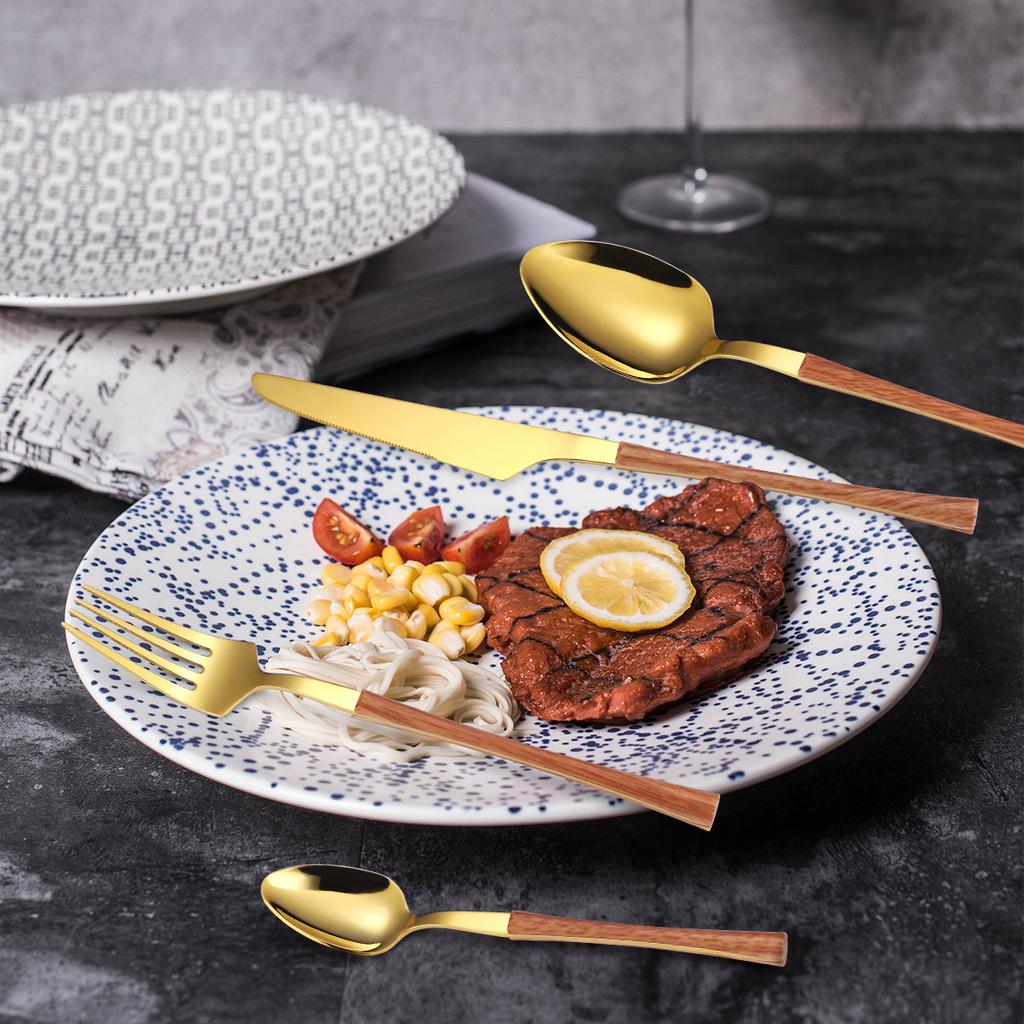 Golden Stainless Steel Cutlery Set Four-piece Plastic Handle Household Knife Fork and Spoon Creative Kitchen Hotel Supplies.