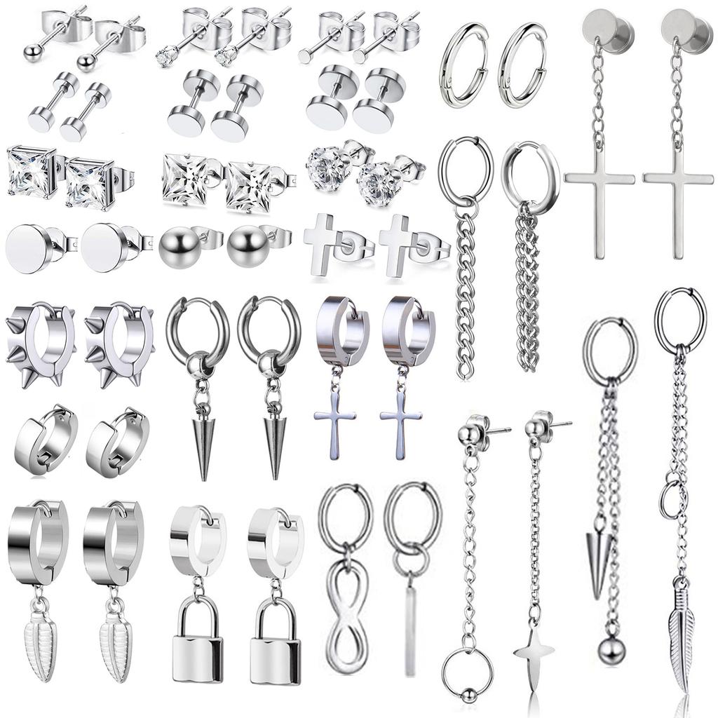 1 Pair Different Types Shape Unisex Silver Color Stainless Steel Piercing Earring For Women Men Punk Gothic Barbell Earring
